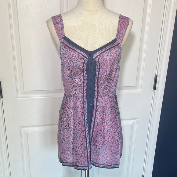 Free People Navy & Pink Floral Babydoll Tank Button Front Size 10 - Picture 1 of 11